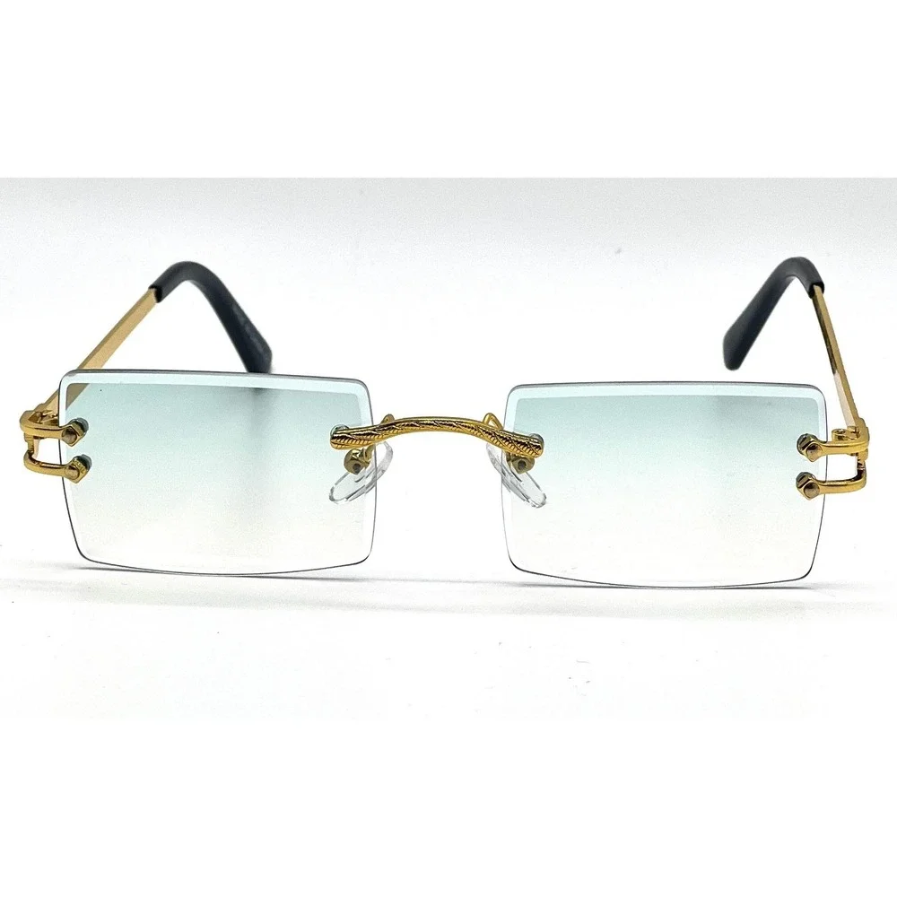 Rimless Sunglasses Green Lens Gold Accents Rectangle Fashion Shades Lentes Gafas